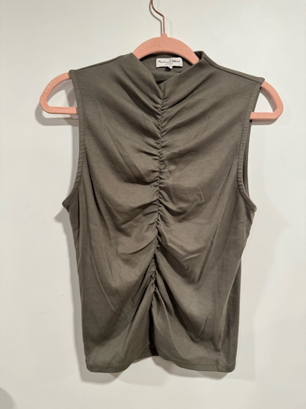 Michael Stars Ruched Front Tank Top | Ribbed Stretch Knit | Sleeveless | Size L